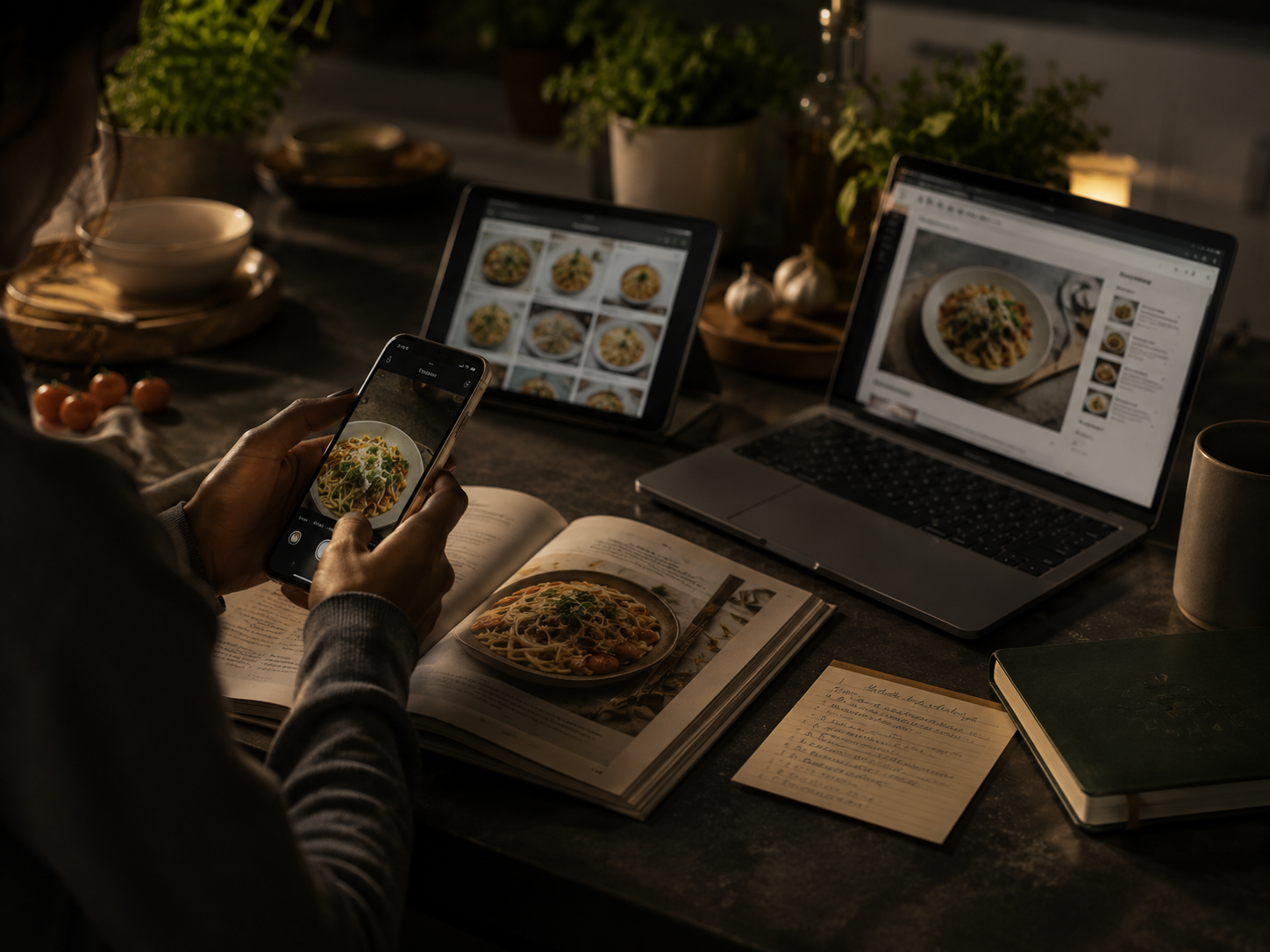 A kitchen counter covered with handwritten recipe cards, printed recipes, notes, and cooking inspiration